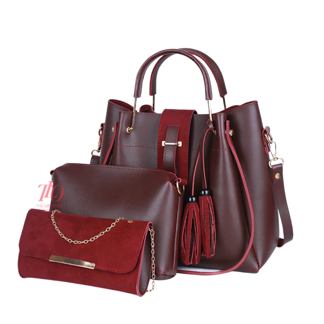 Elegance Trio Maroon Handbag