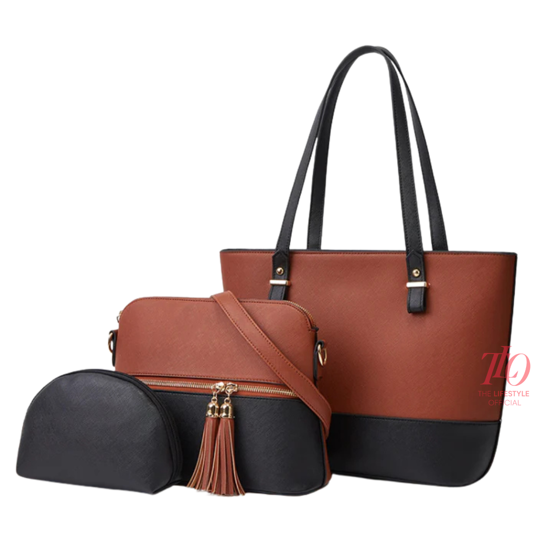Charm Brown and Black 3 Piece Handbag
