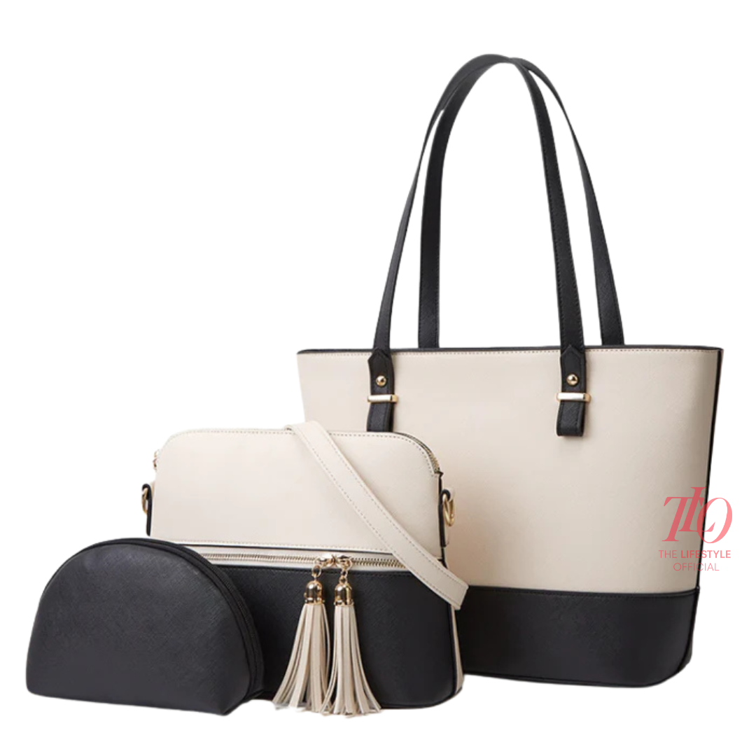Charm White and Black 3 Piece Handbag