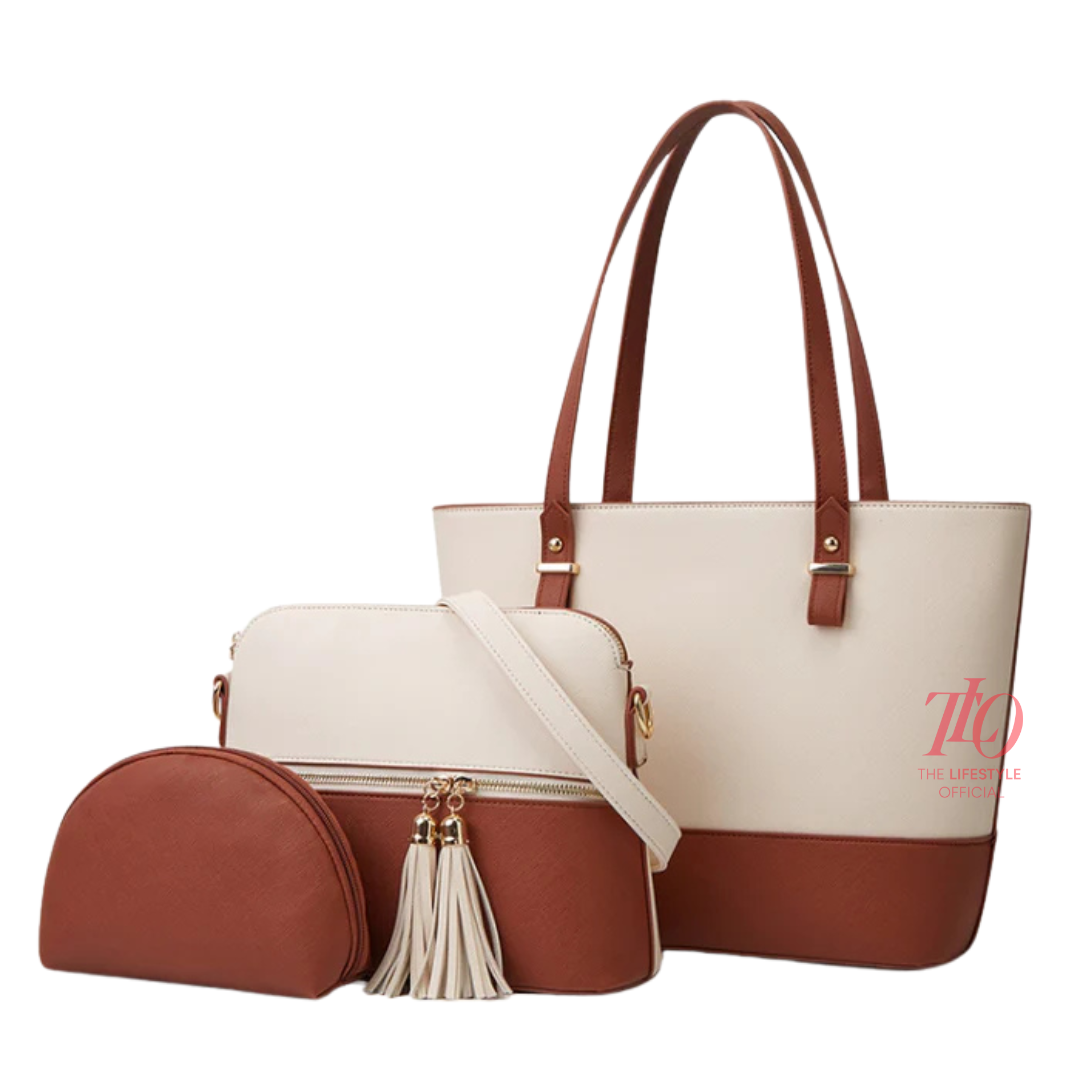 Charm White and Brown 3 Piece Handbag