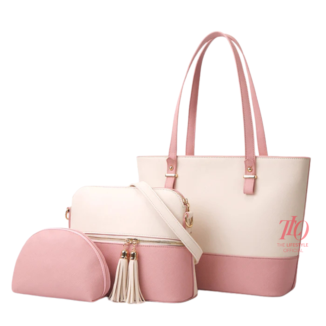 Charm White and Pink 3 Piece Handbag