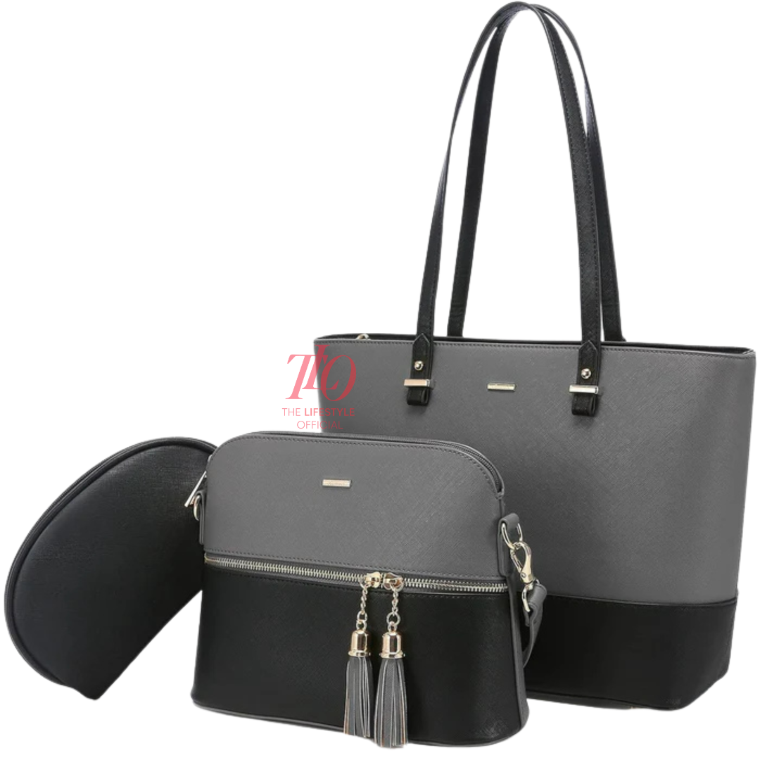 Charm Grey and Black 3 Piece Handbag