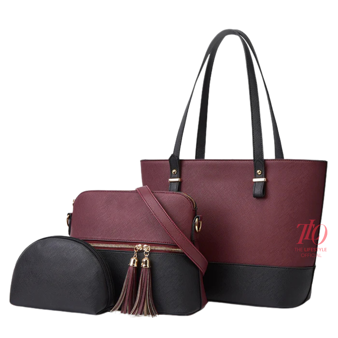 Charm Maroon and Black 3 Piece Handbag