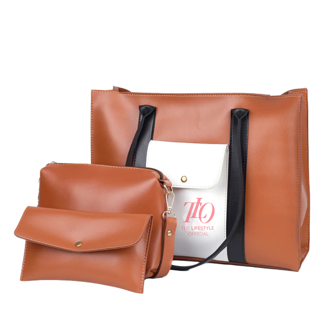 Versatile 3 Pcs Brown and White Shoulder Bag